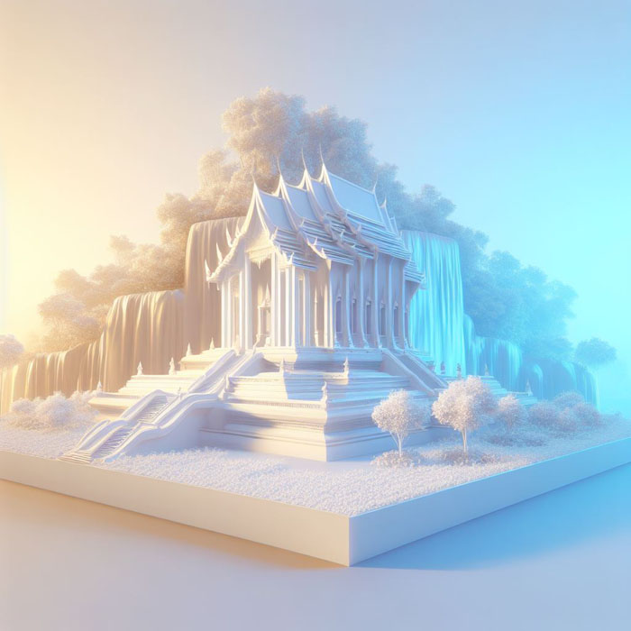 3D stereoscopic rendering of a serene Thai temple