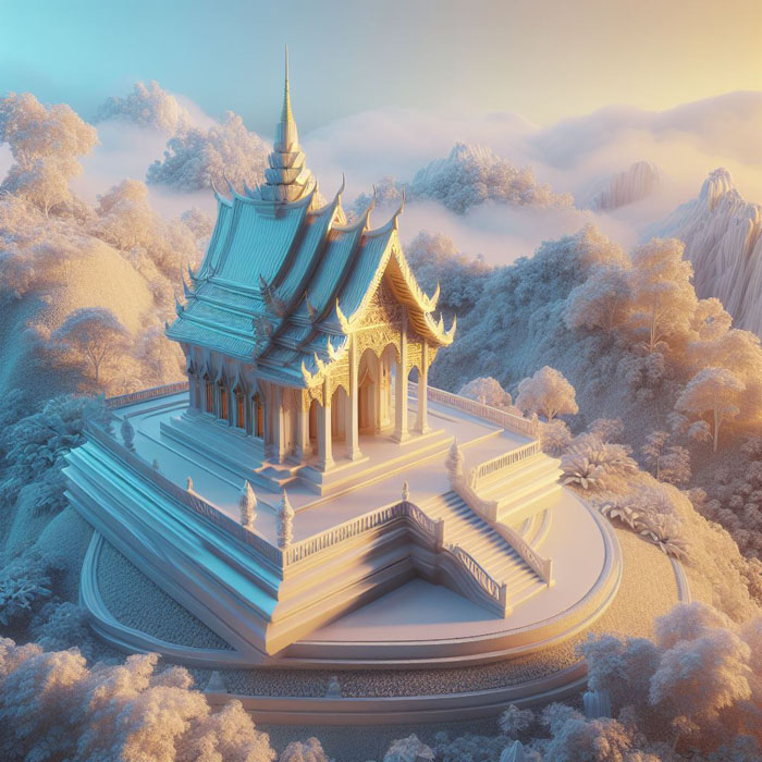 3D stereoscopic rendering of a serene Thai temple