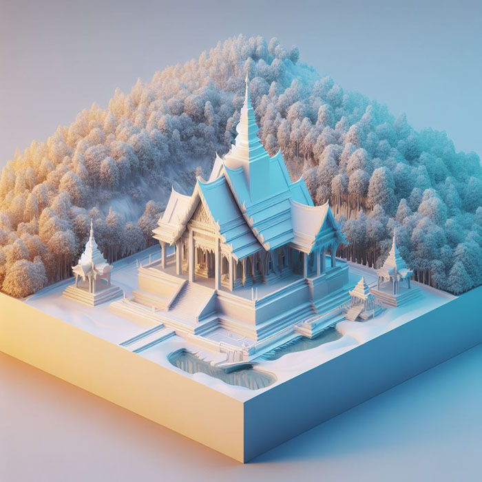 3D stereoscopic rendering of a serene Thai temple