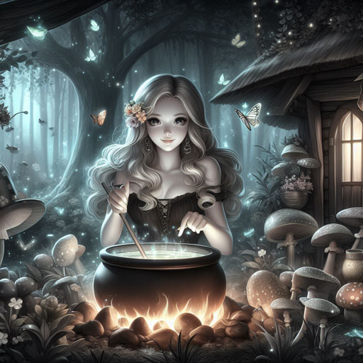 FREE PROMPT:>

Halloween illustration, a witch brewing potions in cauldrons in a wooden house