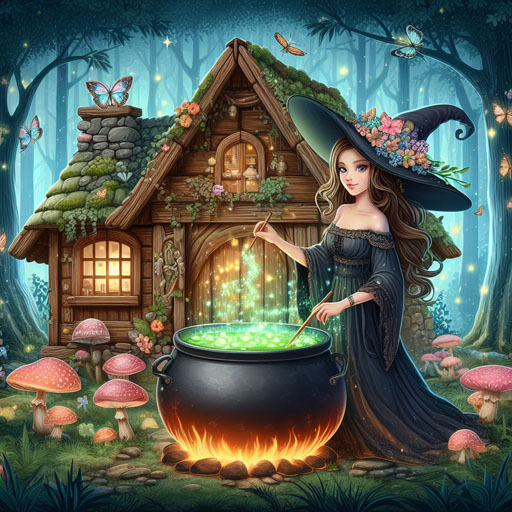 FREE PROMPT:>

Halloween illustration, a witch brewing potions in cauldrons in a wooden house