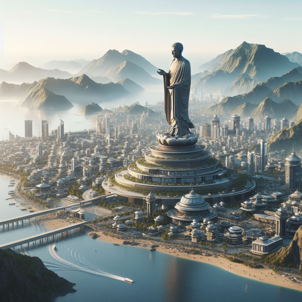 futuristic city surrounded by mountains. There is a large Buddha statue