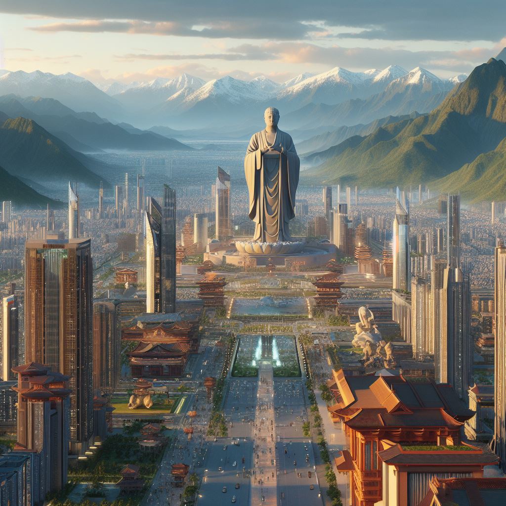 futuristic city surrounded by mountains. There is a large Buddha statue