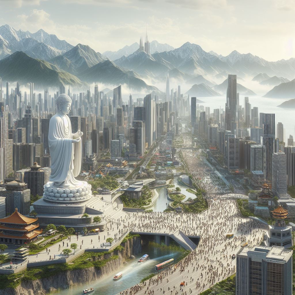 futuristic city surrounded by mountains. There is a large Buddha statue