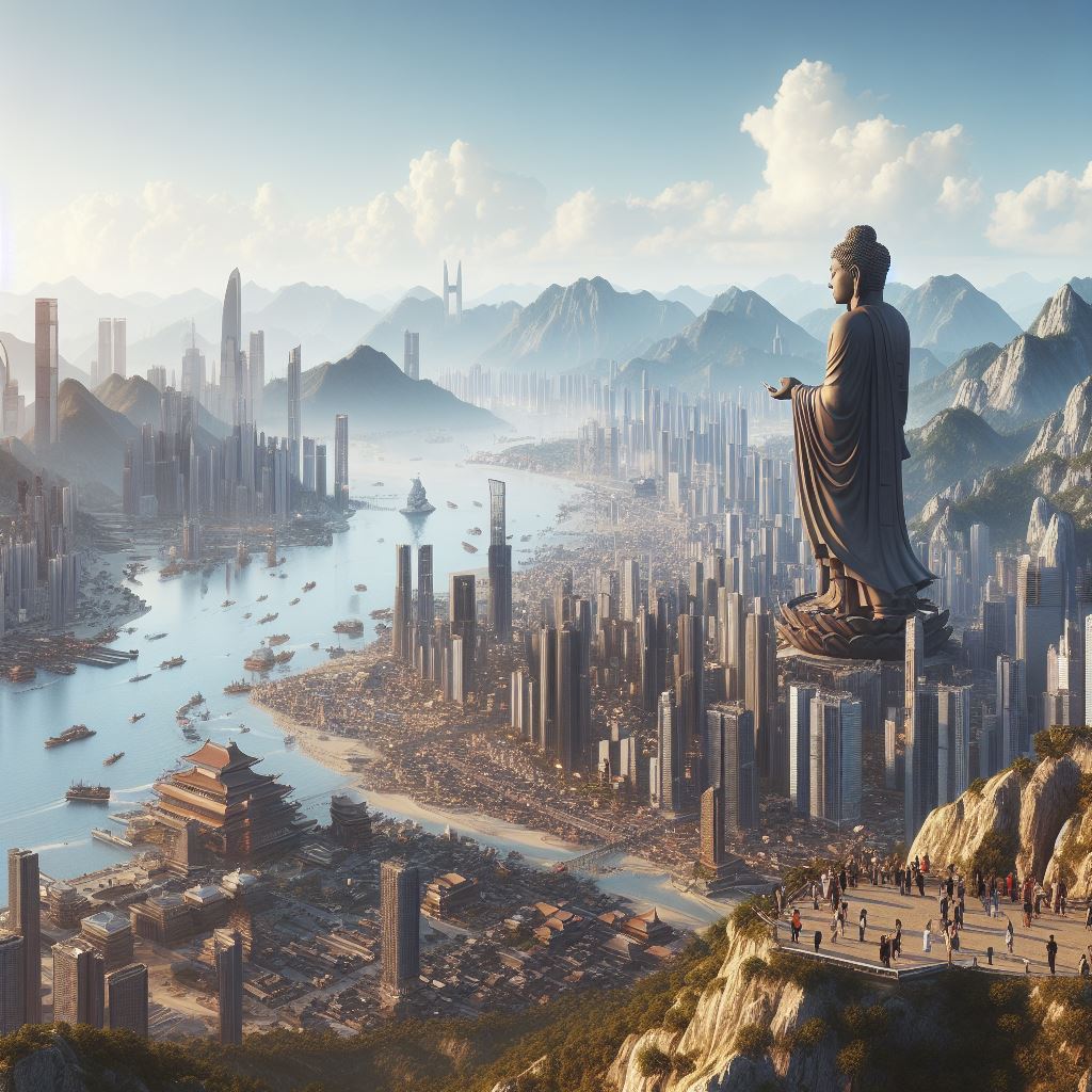 futuristic city surrounded by mountains. There is a large Buddha statue