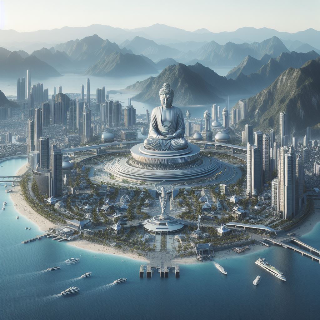 futuristic city surrounded by mountains. There is a large Buddha statue