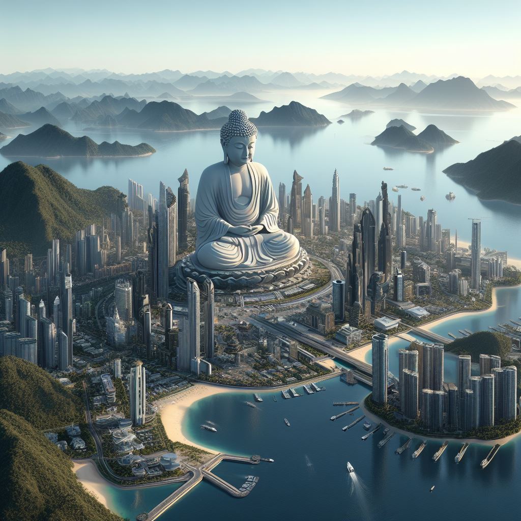 futuristic city surrounded by mountains. There is a large Buddha statue