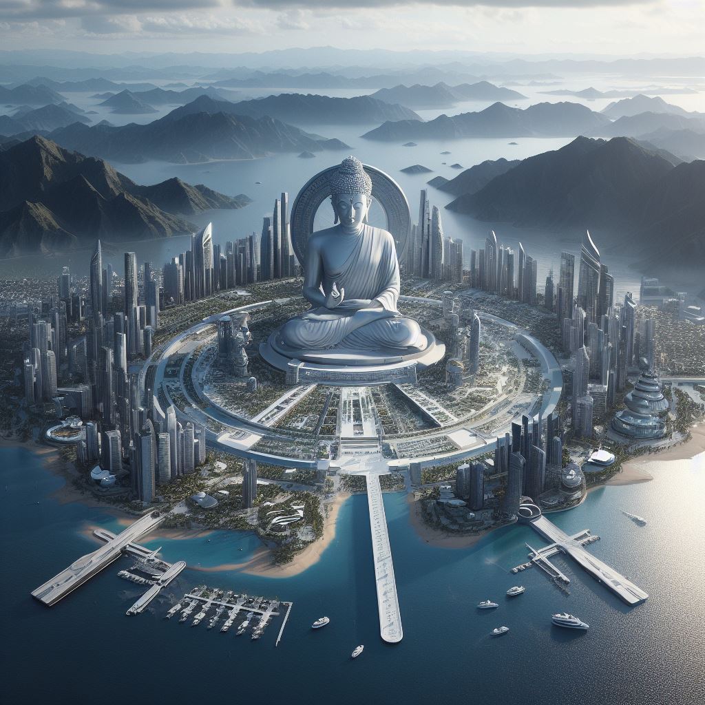 futuristic city surrounded by mountains. There is a large Buddha statue