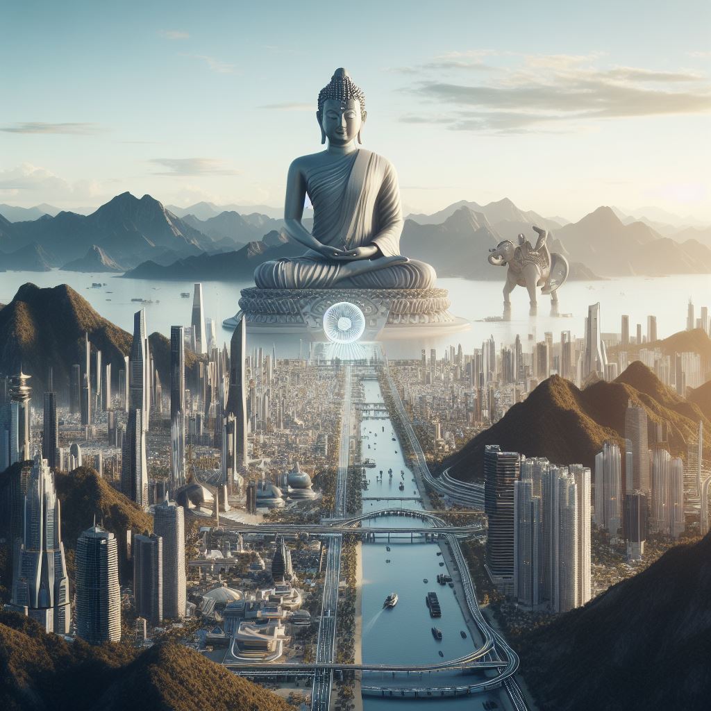 futuristic city surrounded by mountains. There is a large Buddha statue