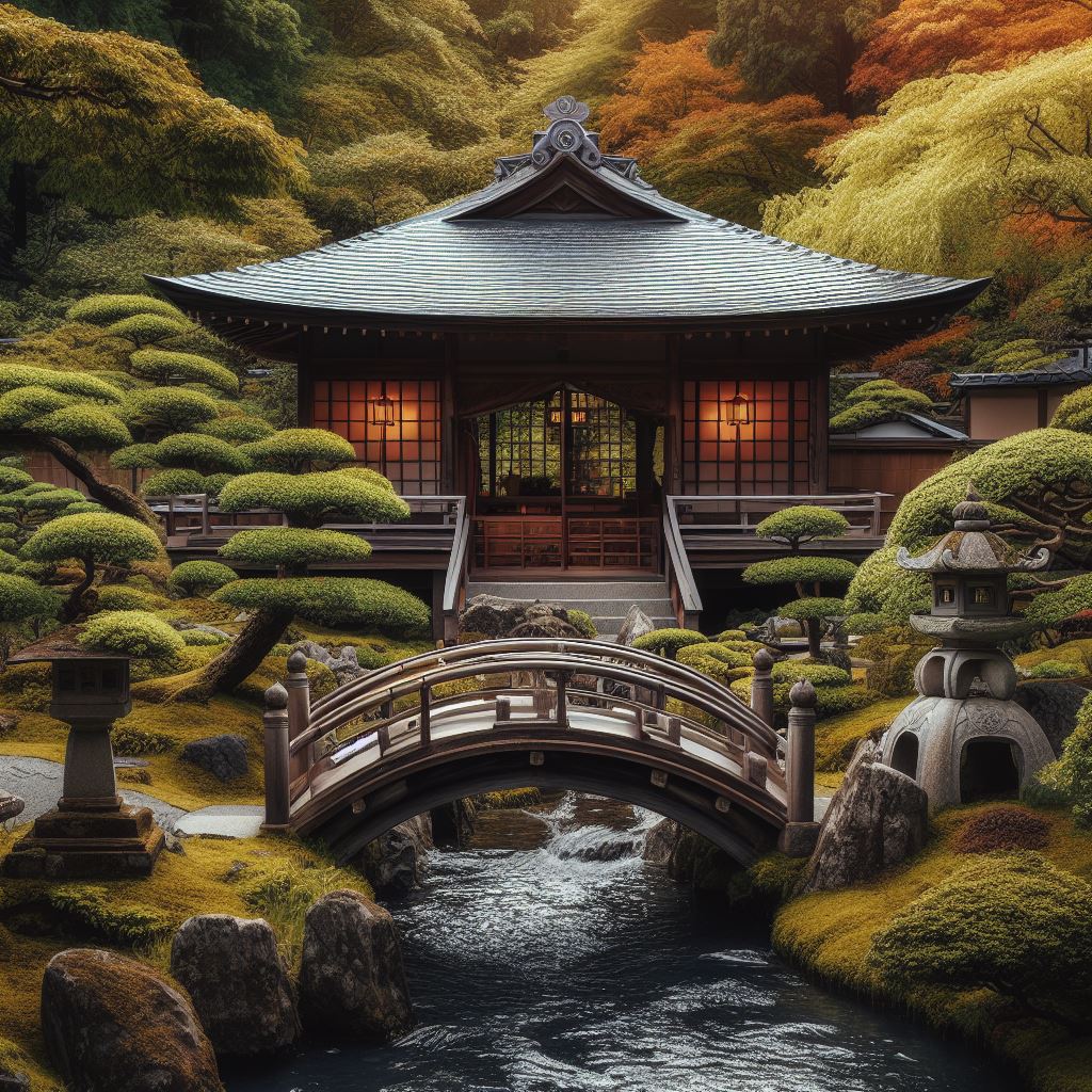 Beautiful and authentic Japanese garden with a traditional tea house