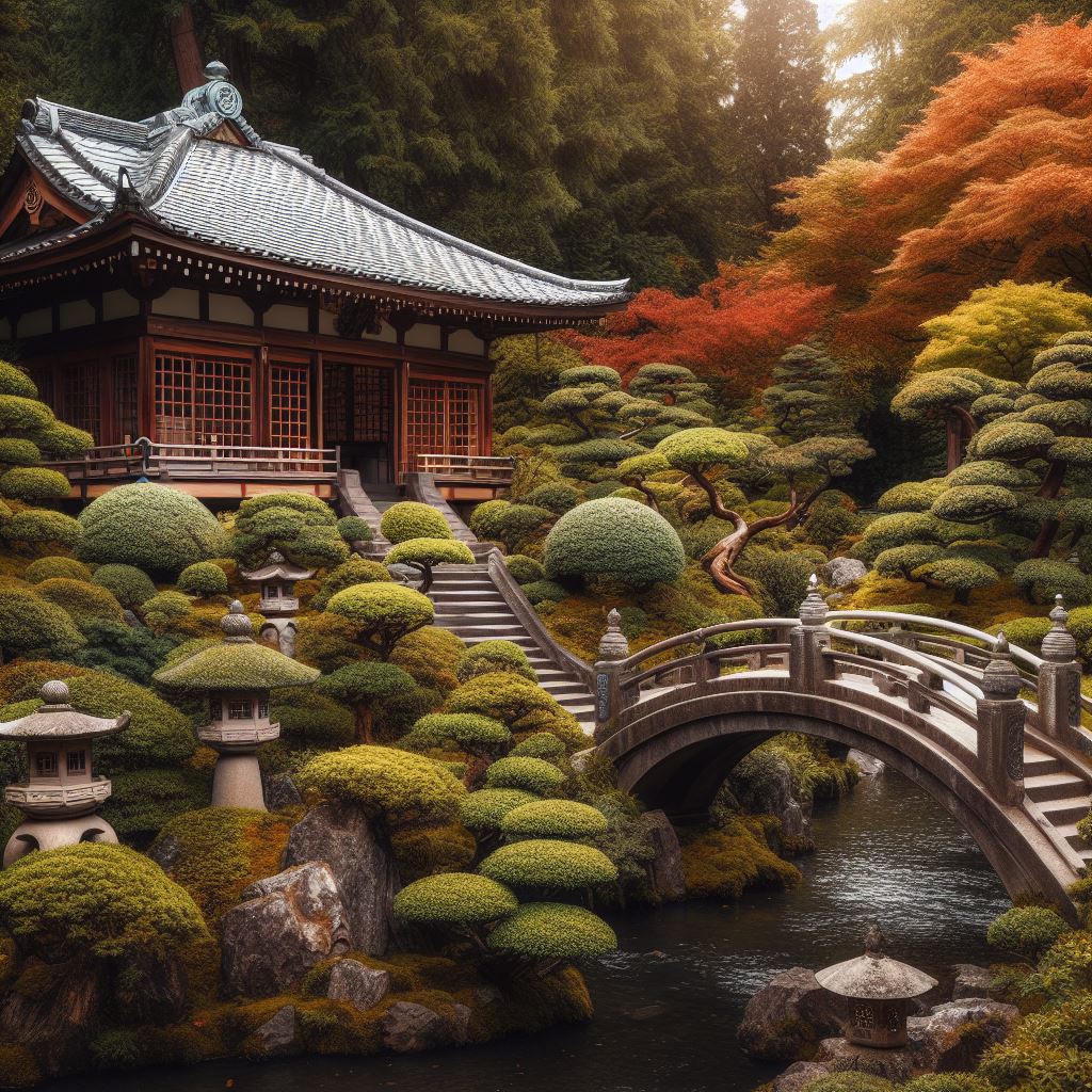 Beautiful and authentic Japanese garden with a traditional tea house