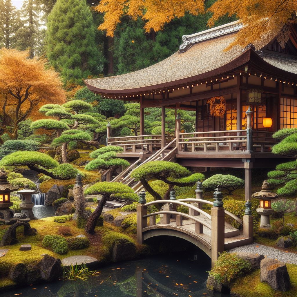 Beautiful and authentic Japanese garden with a traditional tea house