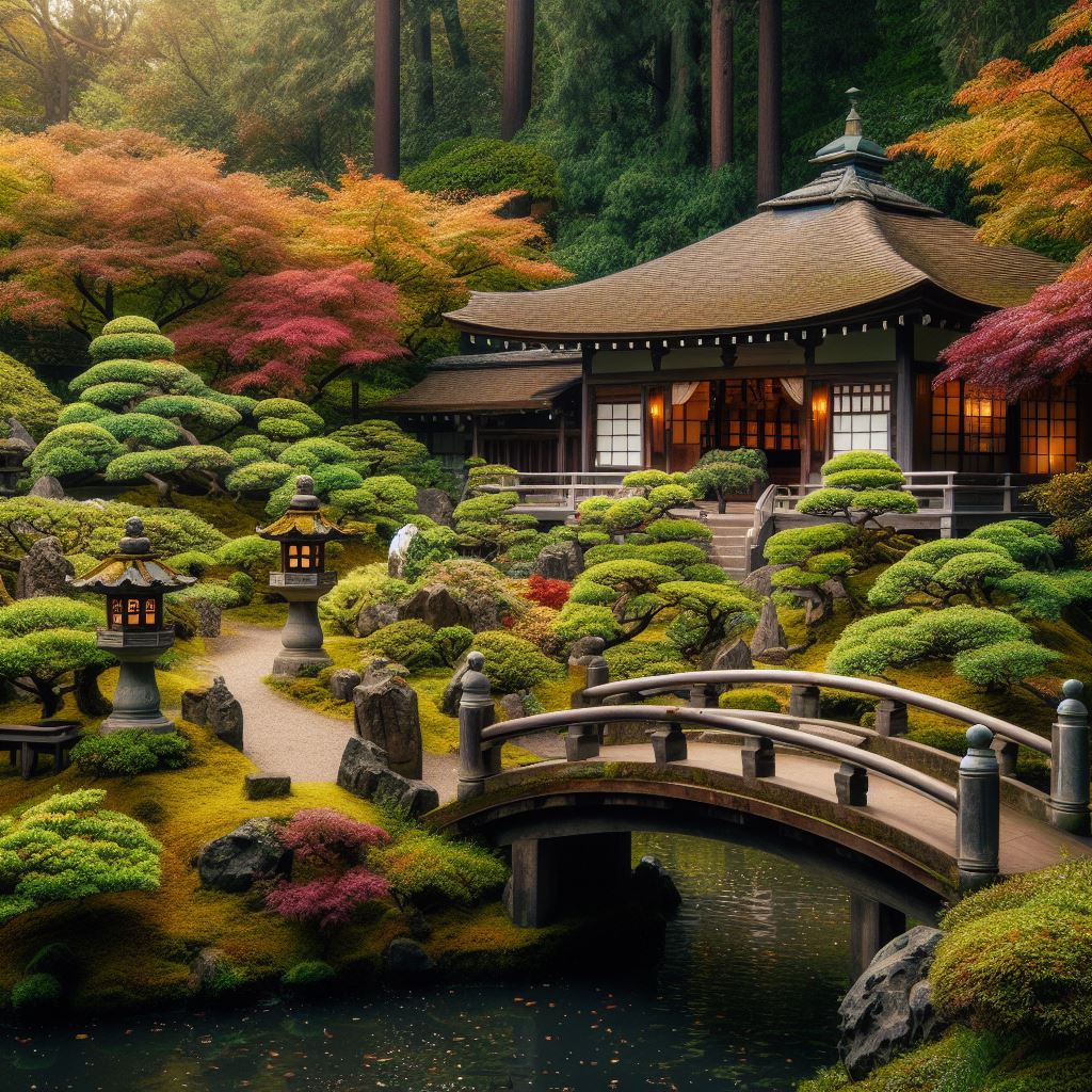 Beautiful and authentic Japanese garden with a traditional tea house