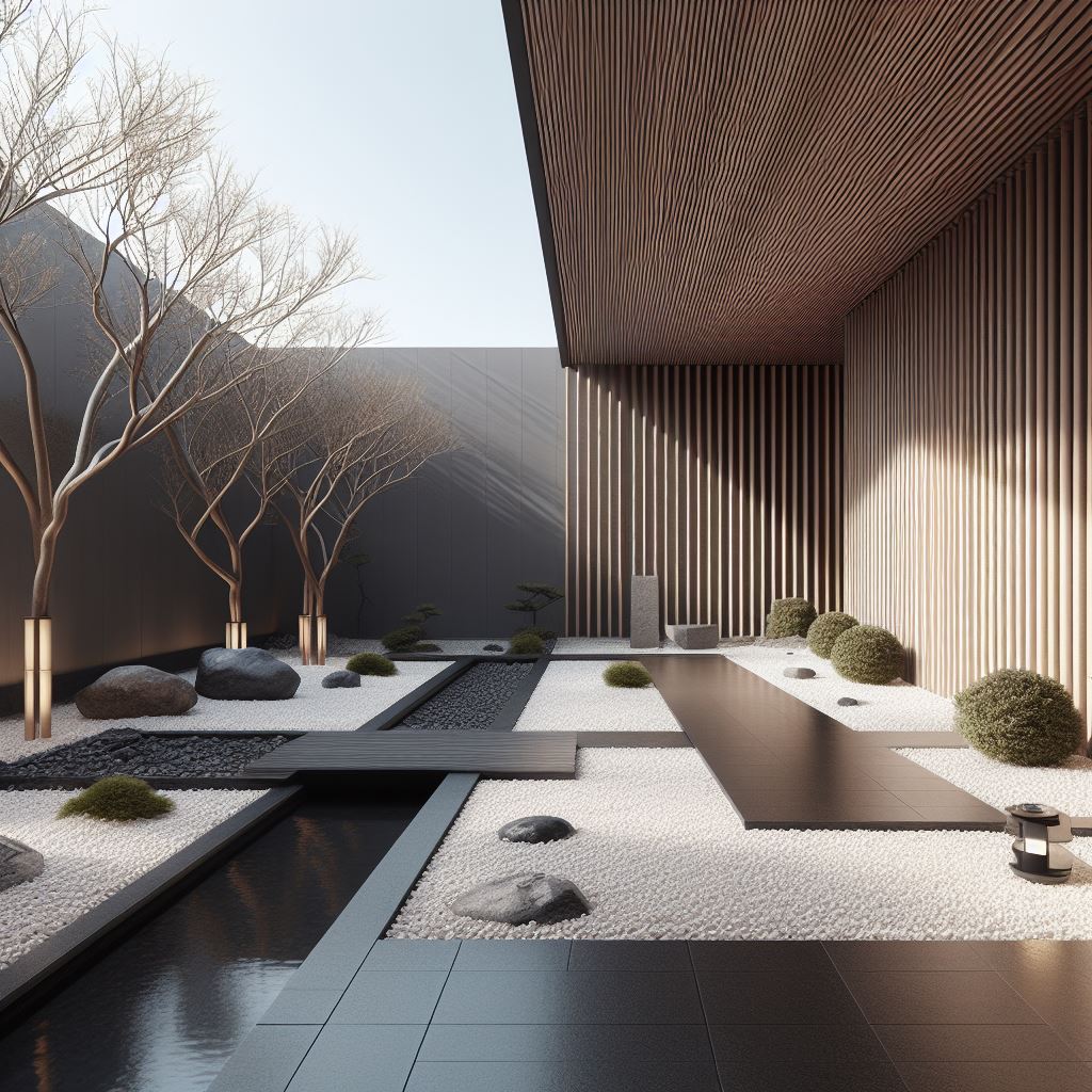 Contemporary and minimalist Japanese garden with a sleek and elegant design