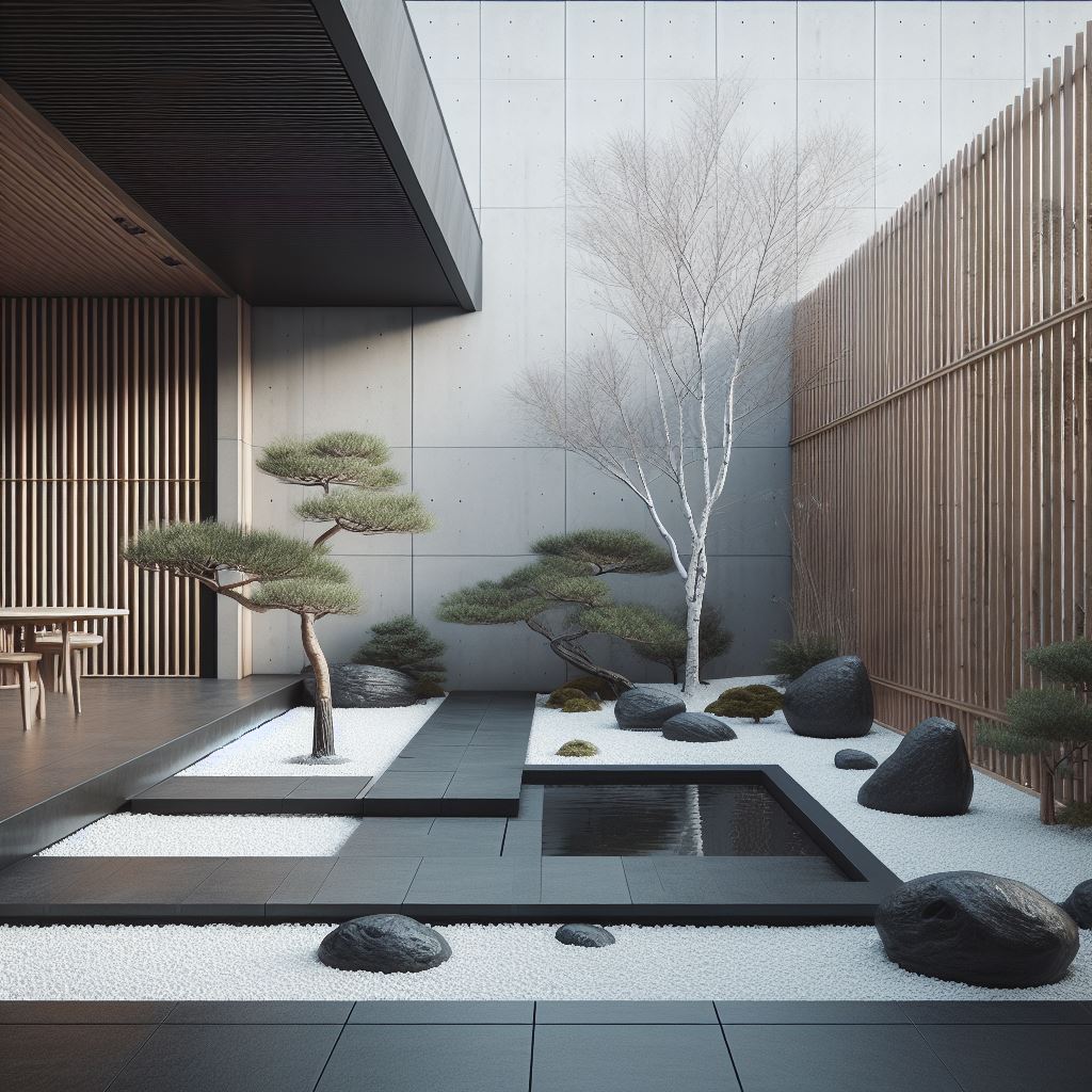 Contemporary and minimalist Japanese garden with a sleek and elegant design