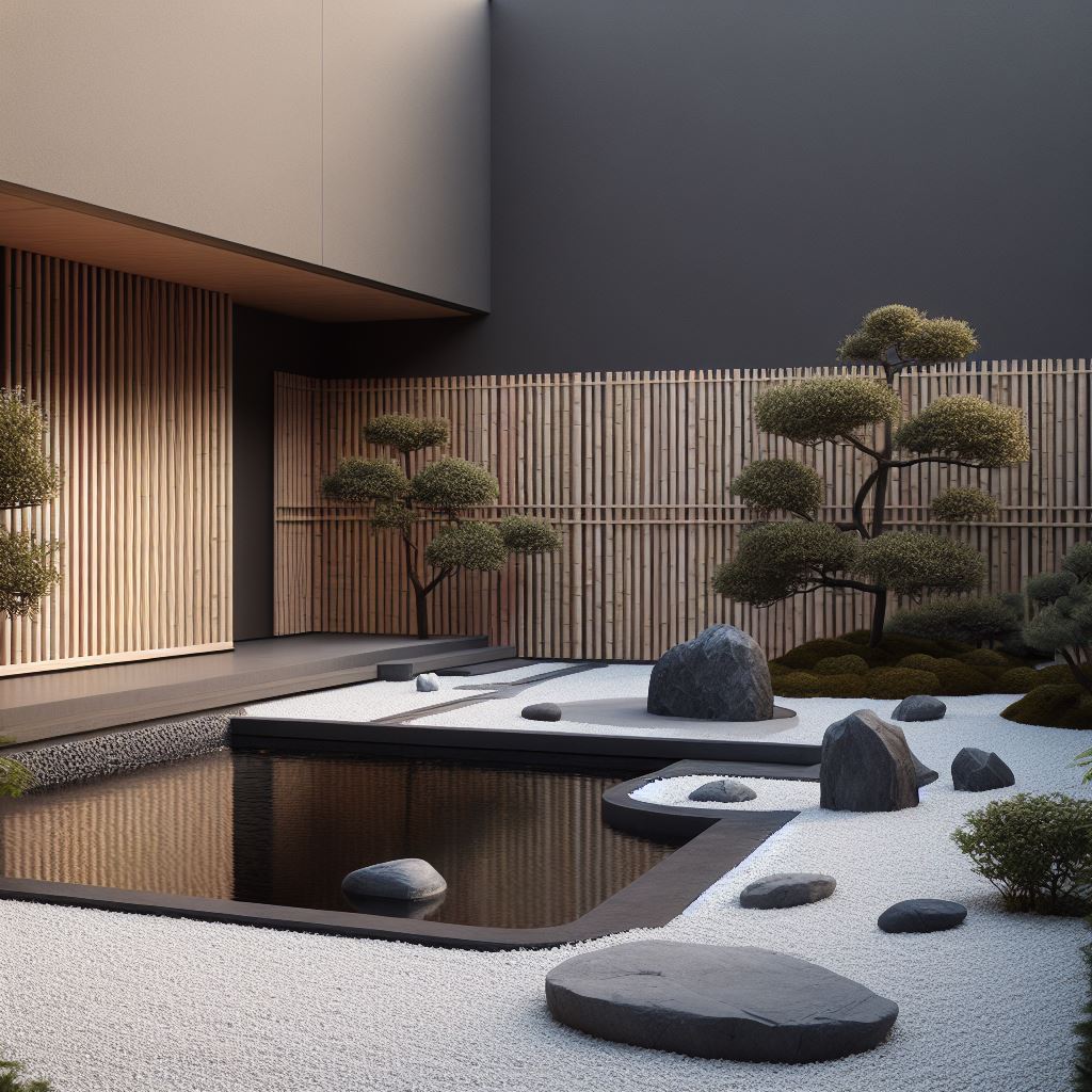 Contemporary and minimalist Japanese garden with a sleek and elegant design