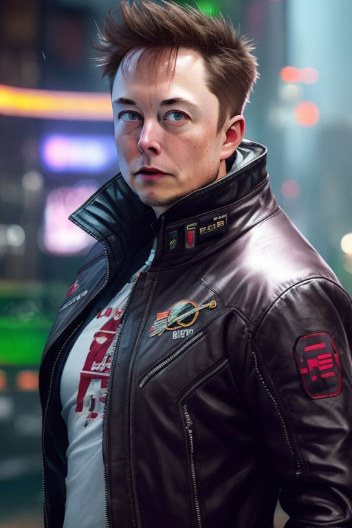 Elon Musk in the style of art deco cyberpunk