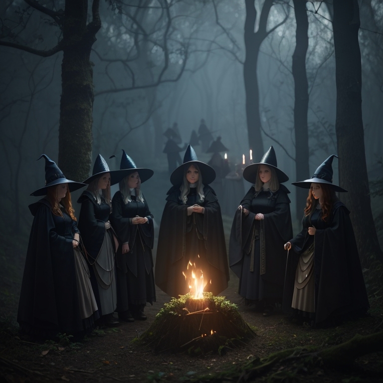 Witches' Coven: Illustrate a gathering of witches in a dark forest for a mysterious ritual.