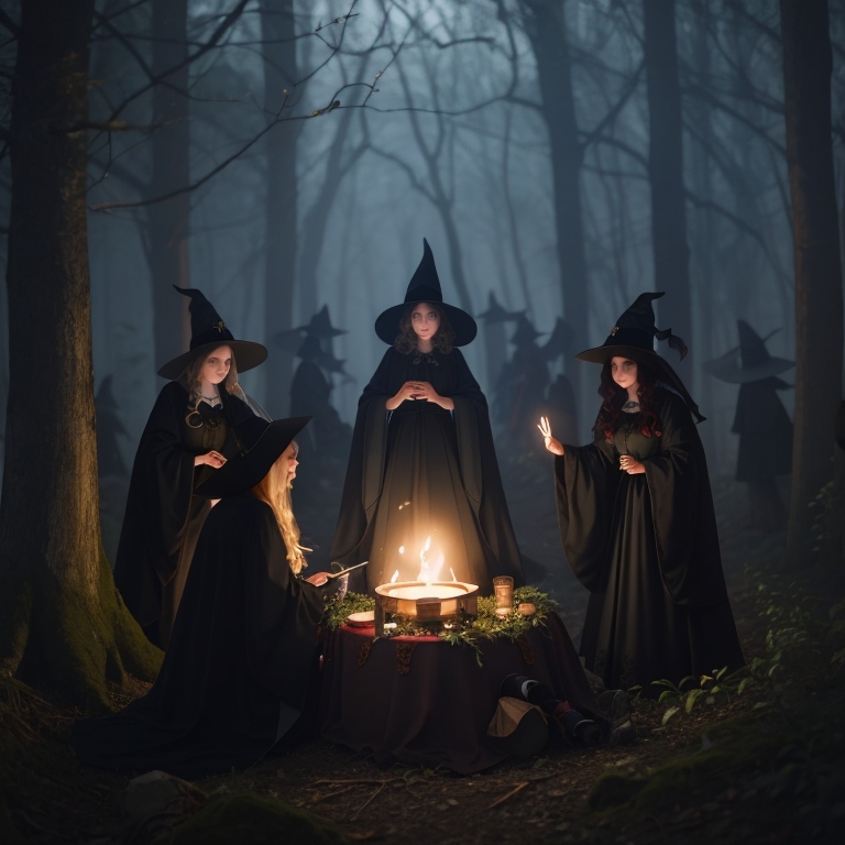 Witches' Coven: Illustrate a gathering of witches in a dark forest for a mysterious ritual.