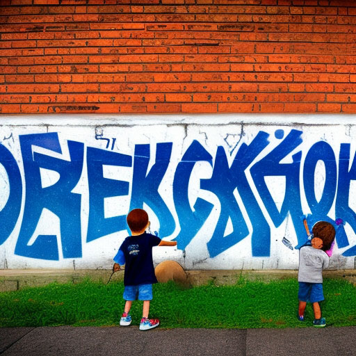 child spray-painting graffiti "decarbonize everything" on a brick wall