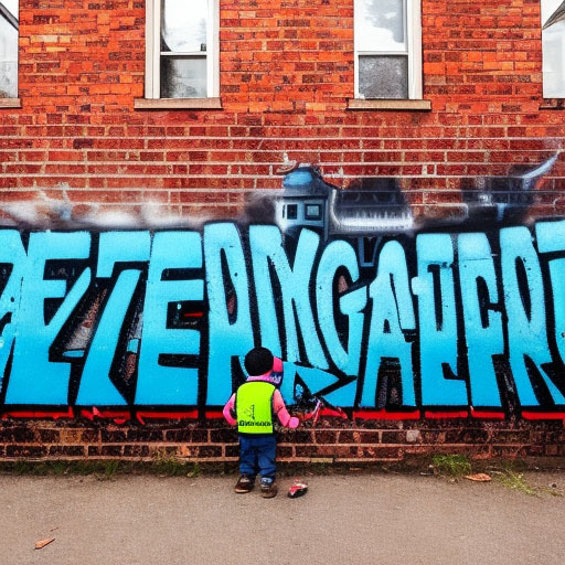 child spray-painting graffiti "decarbonize everything" on a brick wall