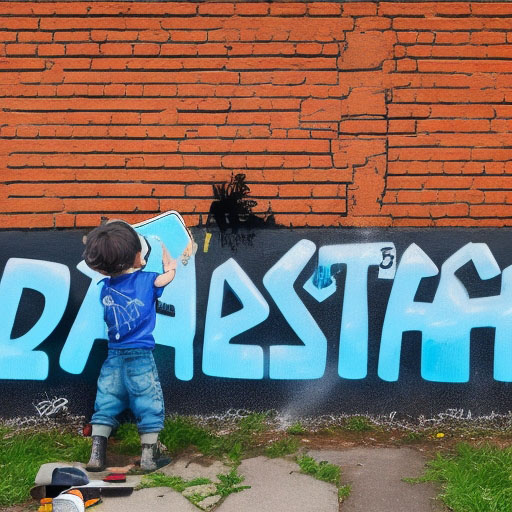 child spray-painting graffiti "decarbonize everything" on a brick wall