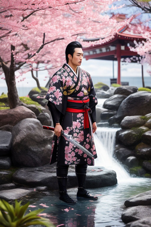 handsome Hawaiian man in samurai stylekimono