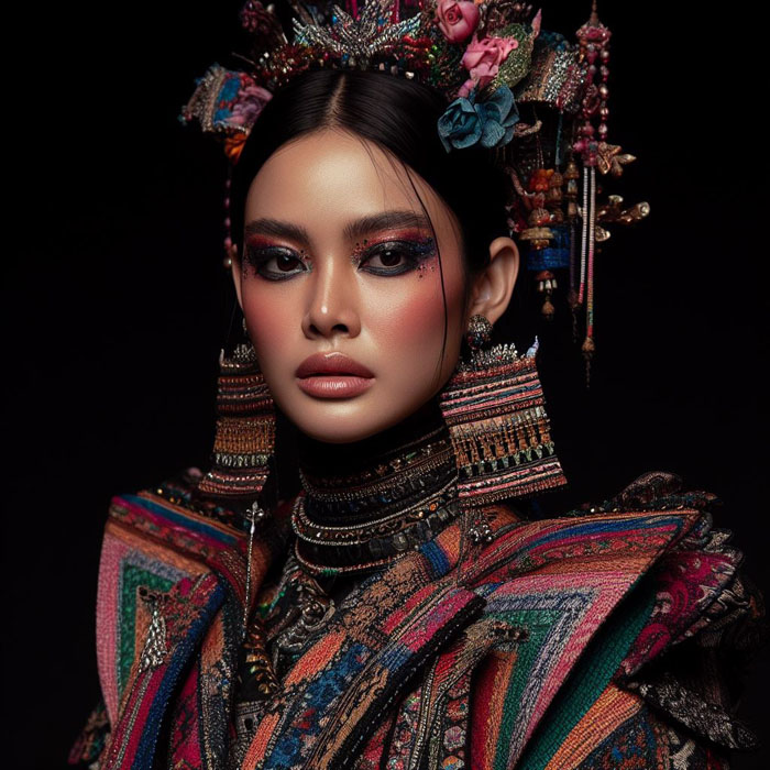 Editorial-style portrait of a Thai woman donning a bold and eclectic outfit inspired by Thai heritage