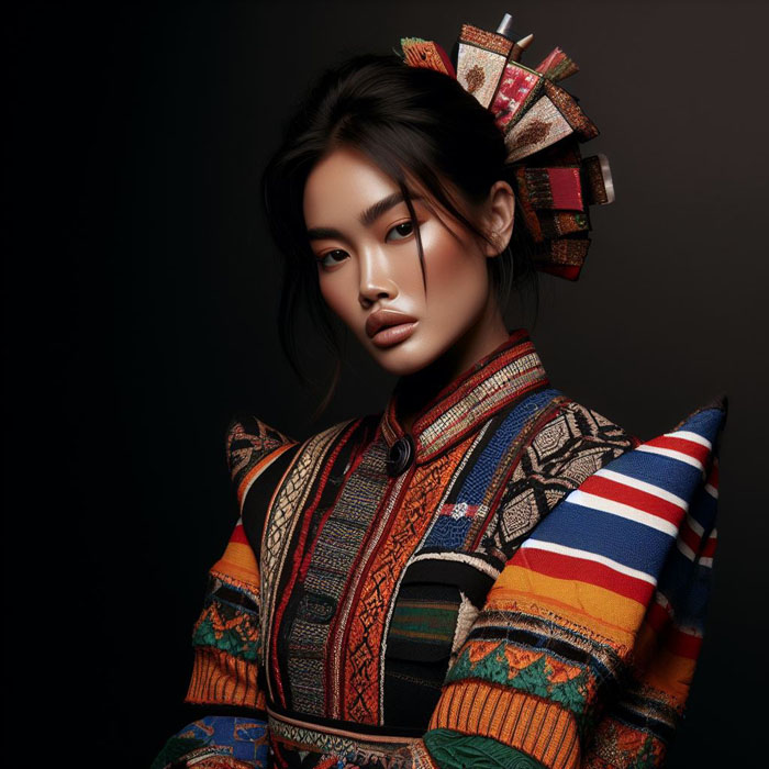 Editorial-style portrait of a Thai woman donning a bold and eclectic outfit inspired by Thai heritage