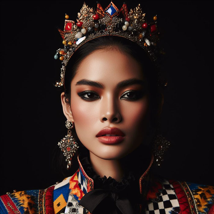 Editorial-style portrait of a Thai woman donning a bold and eclectic outfit inspired by Thai heritage