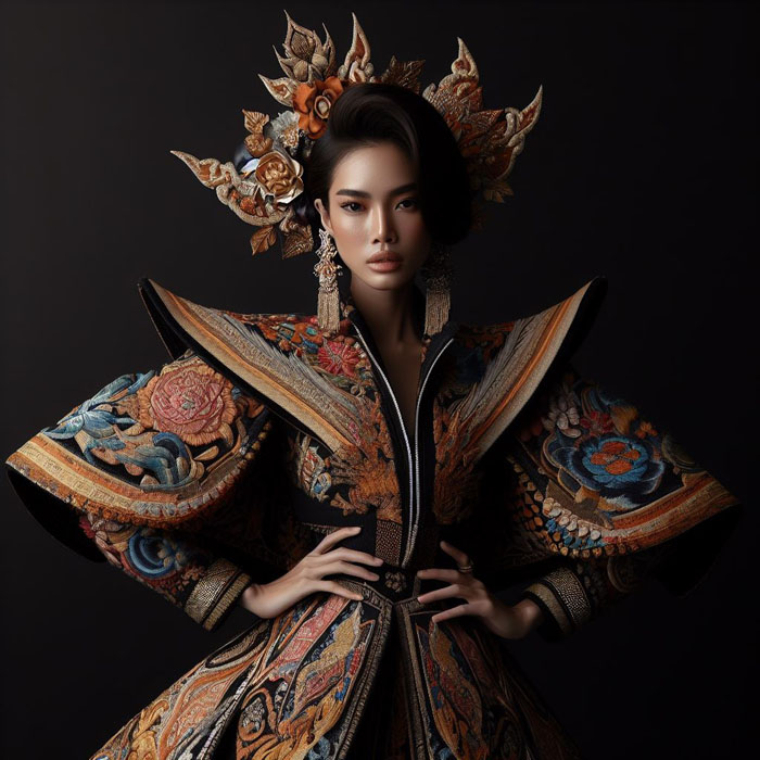 Editorial-style portrait of a Thai woman donning a bold and eclectic outfit inspired by Thai heritage