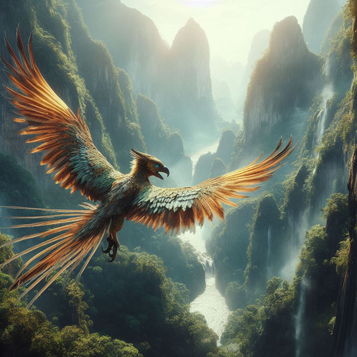 Adventure movie scene with realistic and highly detailed Garuda creature