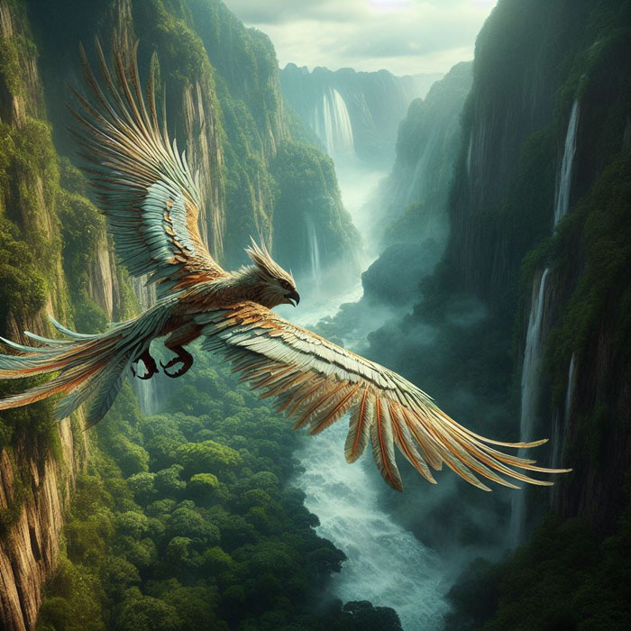 Adventure movie scene with realistic and highly detailed Garuda creature