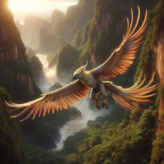 Adventure movie scene with realistic and highly detailed Garuda creature