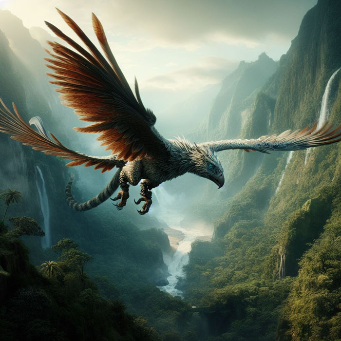 Adventure movie scene with realistic and highly detailed Garuda creature