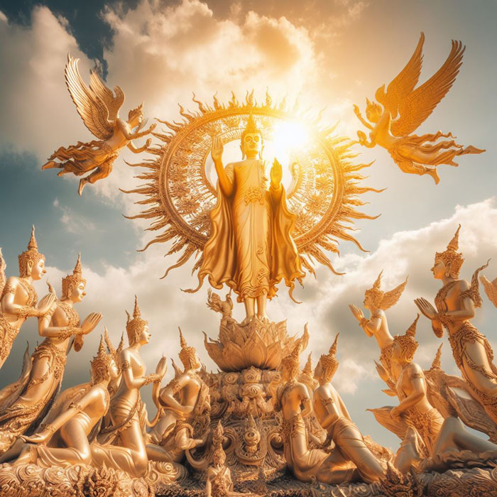 His Majesty the Lord Buddha, ascending to heaven, greeted by the angels who bow in reverence