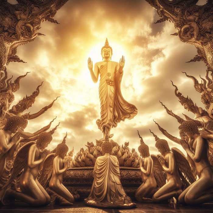 His Majesty the Lord Buddha, ascending to heaven, greeted by the angels who bow in reverence