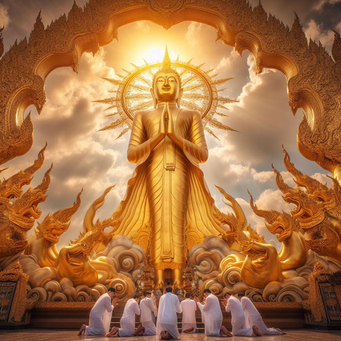 His Majesty the Lord Buddha, ascending to heaven, greeted by the angels who bow in reverence