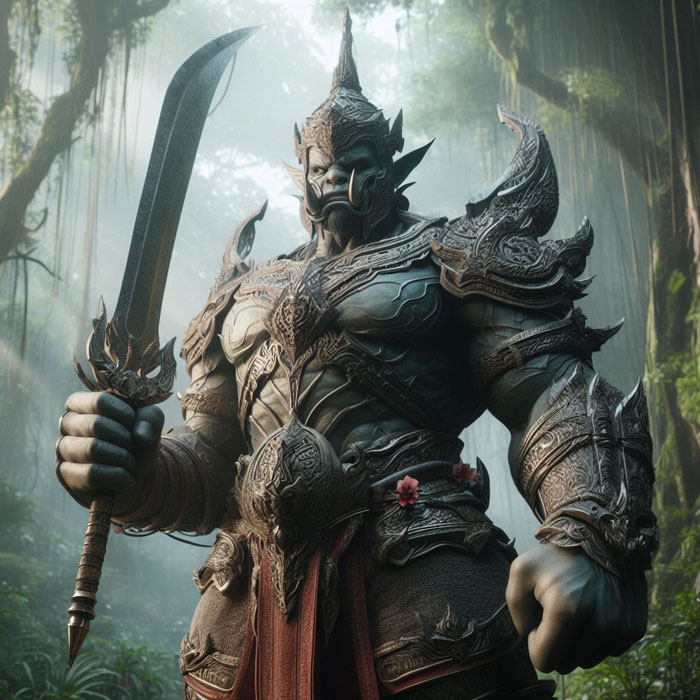 Hyper-realistic CGI art of a Thai giant warrior