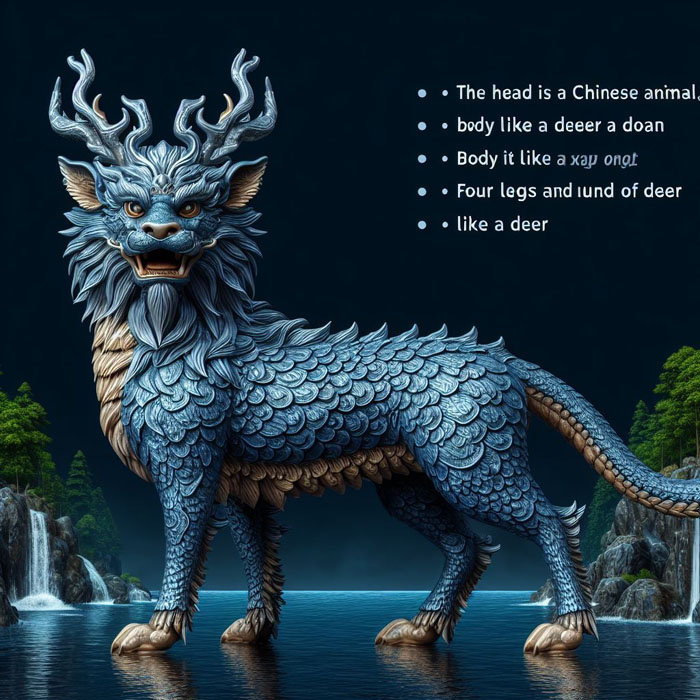 Kirin is a Himmapan Monsters. The head is a Chinese lion. Body like a deer It had two horns like a dragon, full of scales, four legs, and hooves at the ends like a deer. The body is blue. Highly detailed realistic design In the tranquil Himmapan forest, mythical creatures, waterfalls, pools and intricate scales. With reflective eyes that attract viewers.