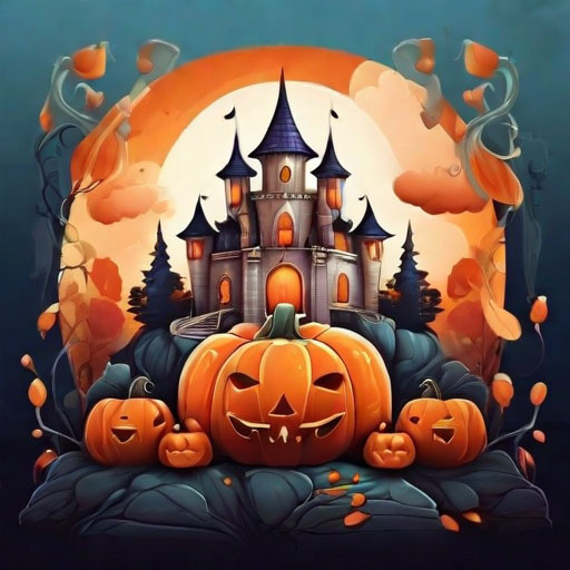 Halloween illustration, a castle and pumpkins inside a huge pumpkin, dreamy fantasy, rococo art style