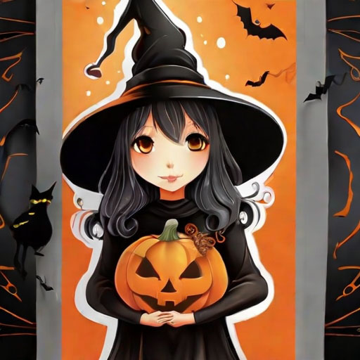 Halloween illustration, witch and pumpkin, black and orange 