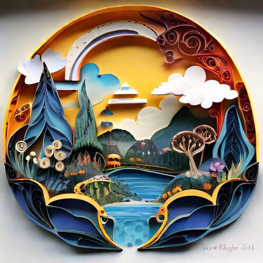 Paper quilling of a fantasylandscape