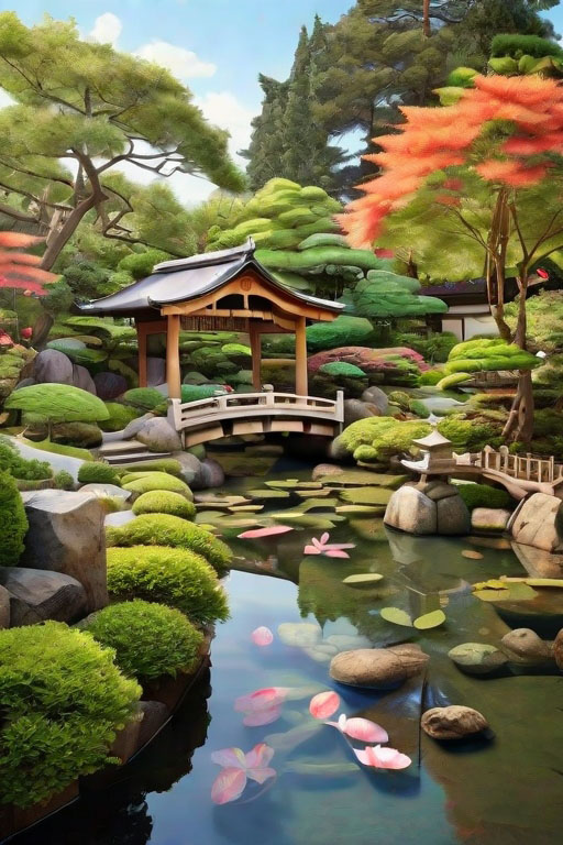 Peaceful and tranquil Japanese garden with a large koi pond