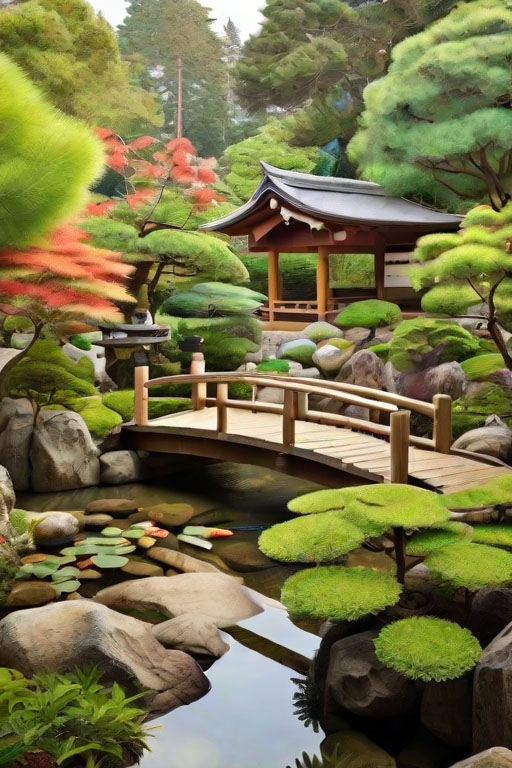 Peaceful and tranquil Japanese garden with a large koi pond