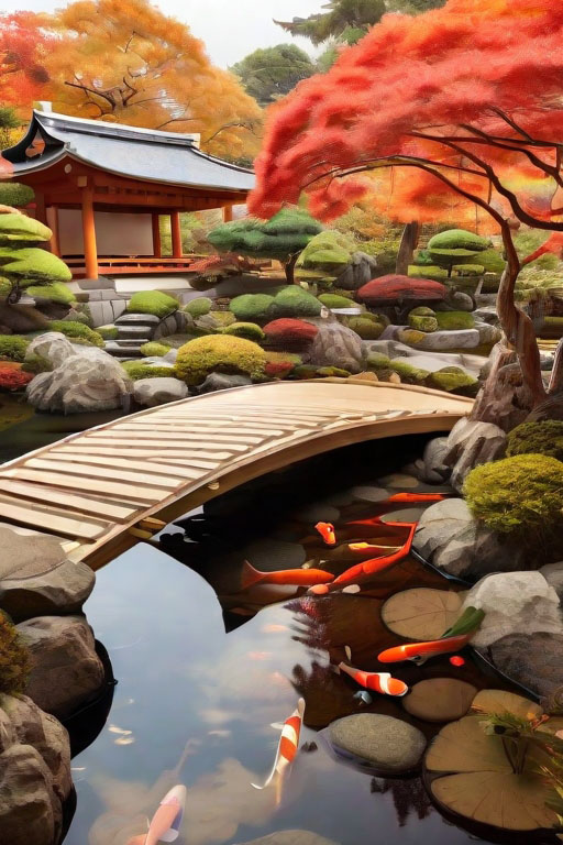 Serene Japanese garden with traditional stone