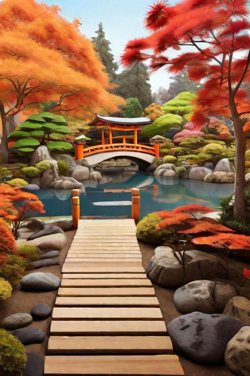 Serene Japanese garden with traditional stone