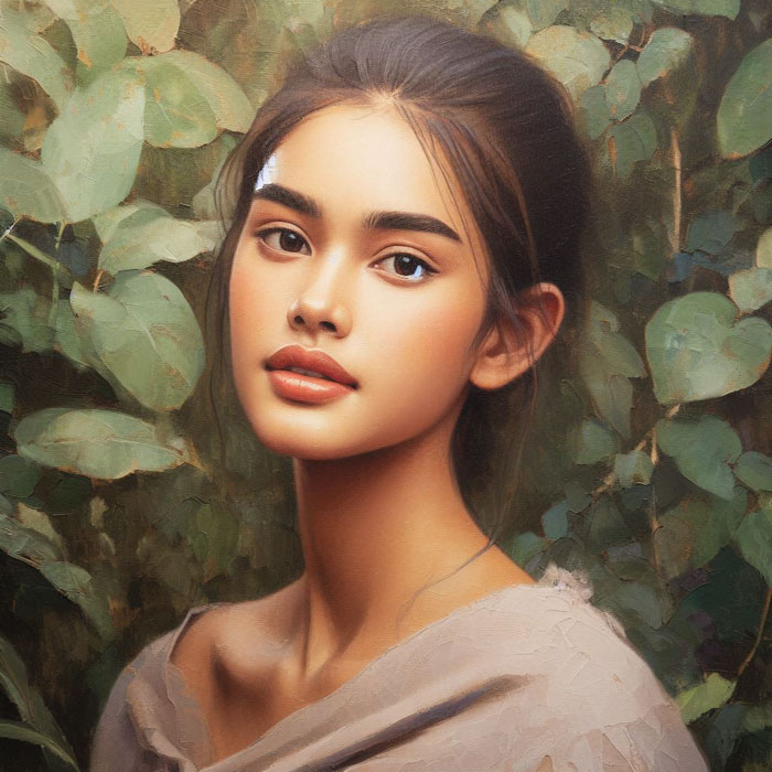 Oil painting of a Thai woman with natural beauty