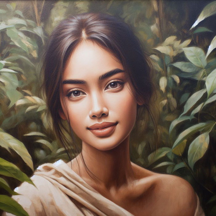 Oil painting of a Thai woman with natural beauty, serene expression, and minimal makeup. She is surrounded by lush foliage and is painted in soft, earthy tones. The painting is highly detailed and realistic, with intricate brushstrokes that capture the authenticity of the subject.