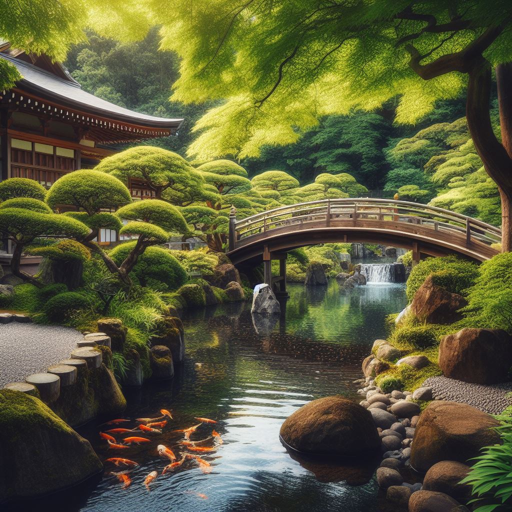 Peaceful and tranquil Japanese garden with a large koi pond